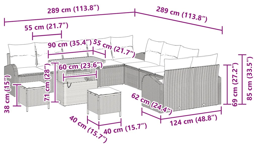 Conjunto de Sofá de Jardim vidaXL com 13 Peças e Almofadas de Rattan P