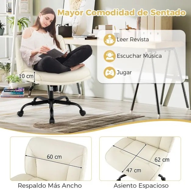 Cadeira de escritório sem braços em PU Altura ajustável Elevação a gás Giratória 360° Assento largo 72 x 72 x 82-90 cm Branca