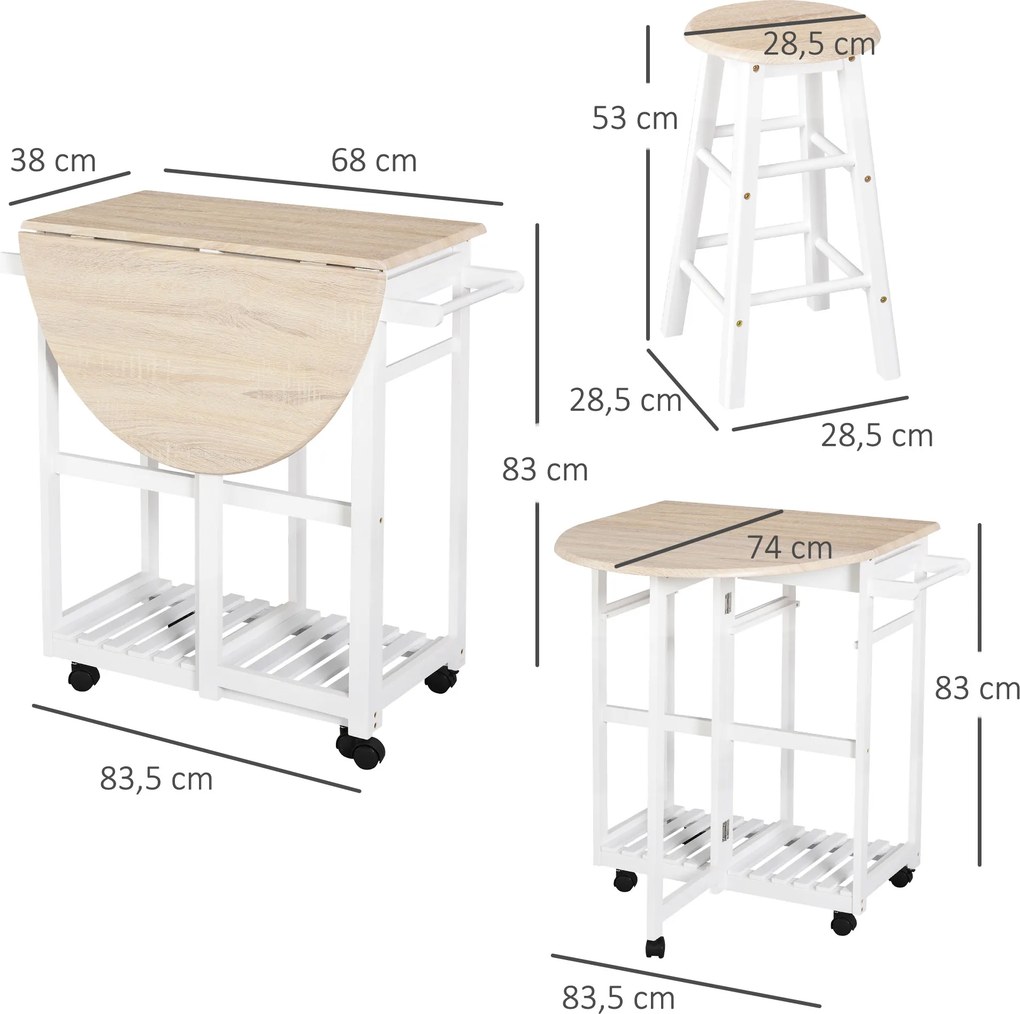 Conjunto de Mesa de Bar Dobrável com 2 Bancos, 83 x 74 x 83 cm, Com Rodas, Branco e Carvalho Claro