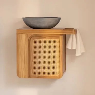 Conjunto De Móvel De Casa De Banho Suspenso 60x40 Cm Em Madeira De Teca Georgy Madeira De Teca & Cimento Cinzento Redondo Ø40 Cm Tarsis & - Sklum