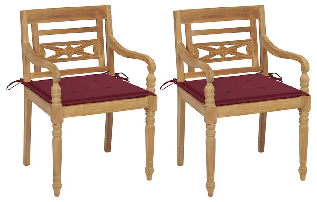 vidaXL Cadeiras Batávia c/ almofadões vermelho tinto 2 pcs teca maciça