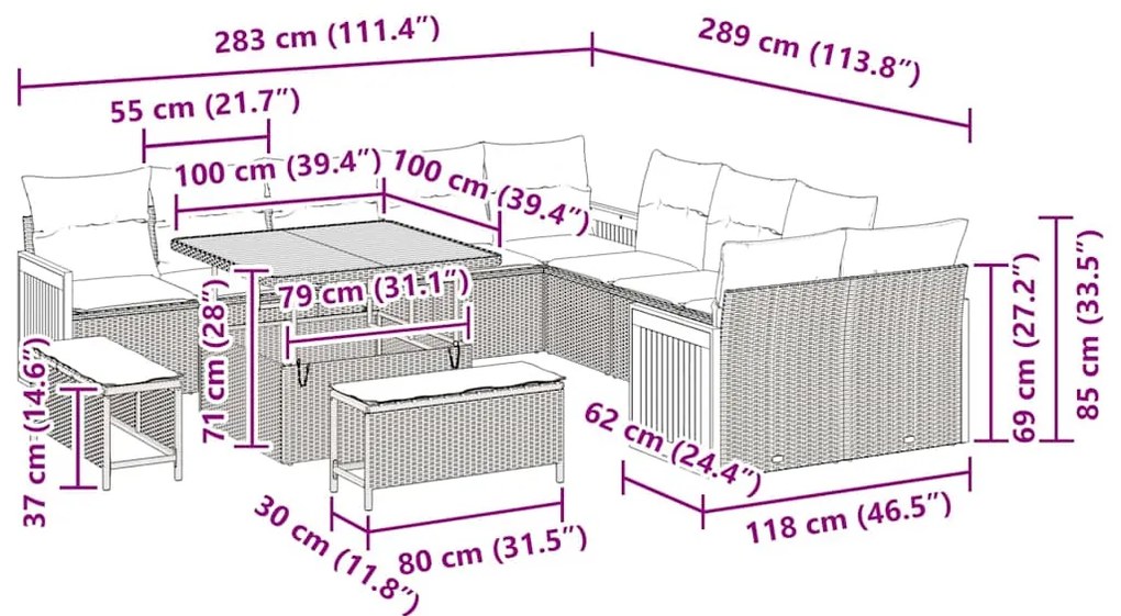 Conjunto de Sofás de Jardim de 13 Peças com Almofadas Bege Rattan Poli
