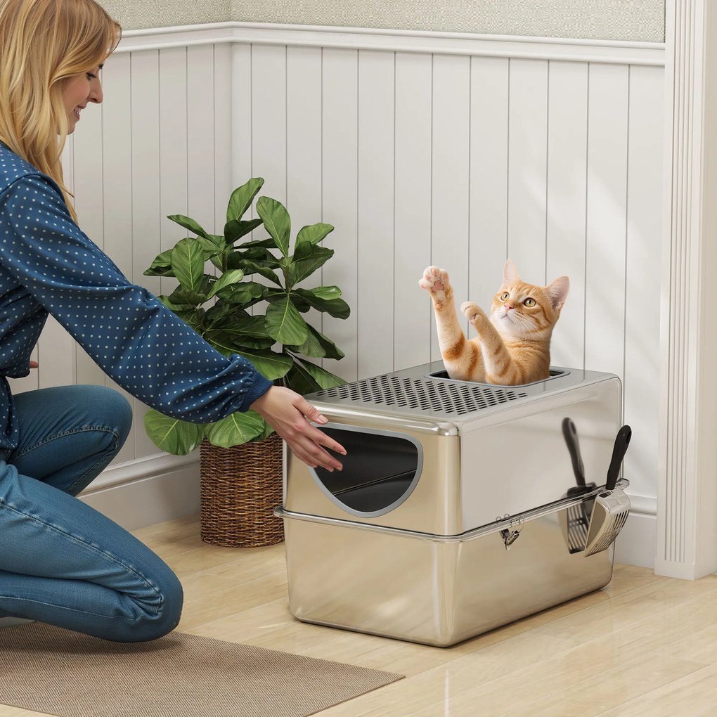 Caixa de Areia para Gatos em Aço Inoxidável XL com Pá Aberturas Duplas Fácil de Limpar 60x39,6x40,1 cm Prateado