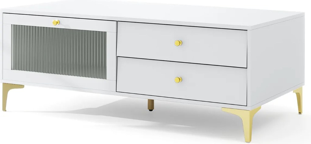 Móvel TV para televisões até 55'' com gaveta Porta de vidro temperado com aba e pernas de metal para sala de estar Branco