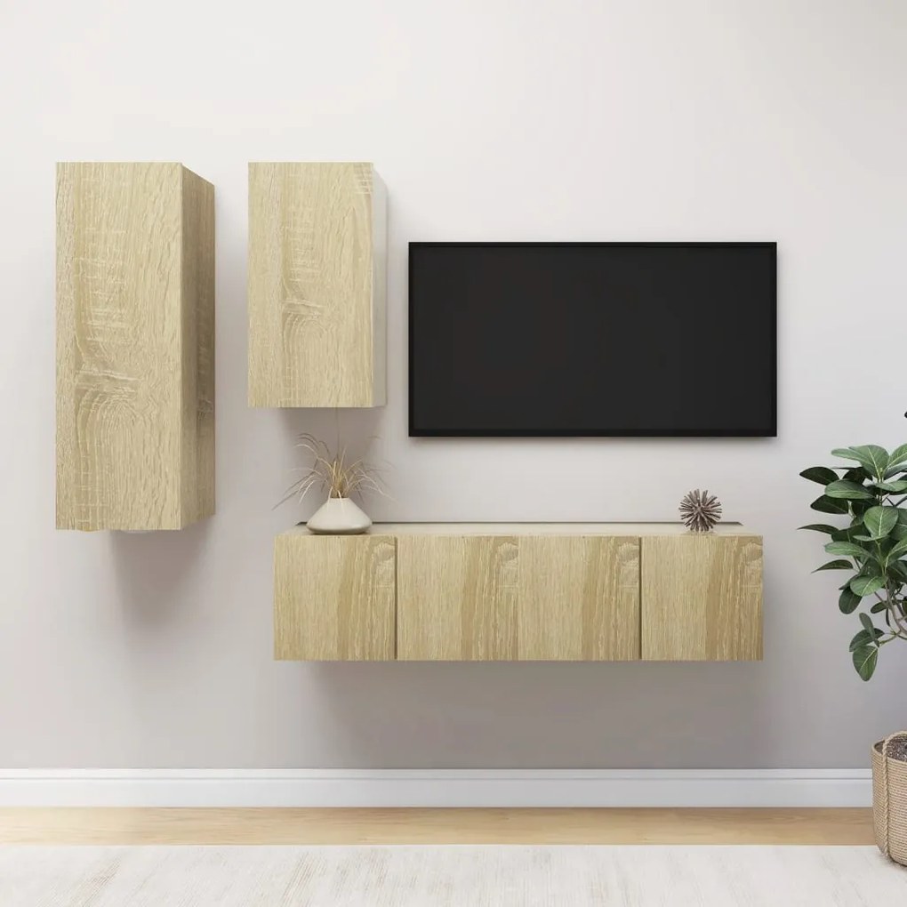 4 pcs conjunto de móveis TV derivados madeira carvalho sonoma