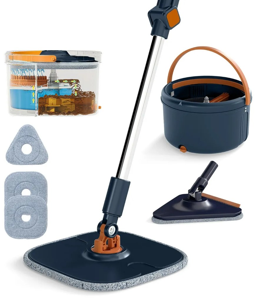 Conjunto de esfregona e balde com escorredor, para pisos lisos com 2 cabeças de esfregona e 9 panos de microfibra Sistema de limpeza azul