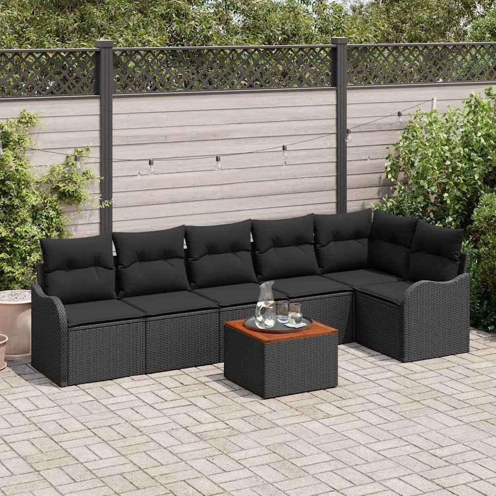 vidaXL Conjunto de Sofá de Jardim com almofada 7 pcs Preto vime PE