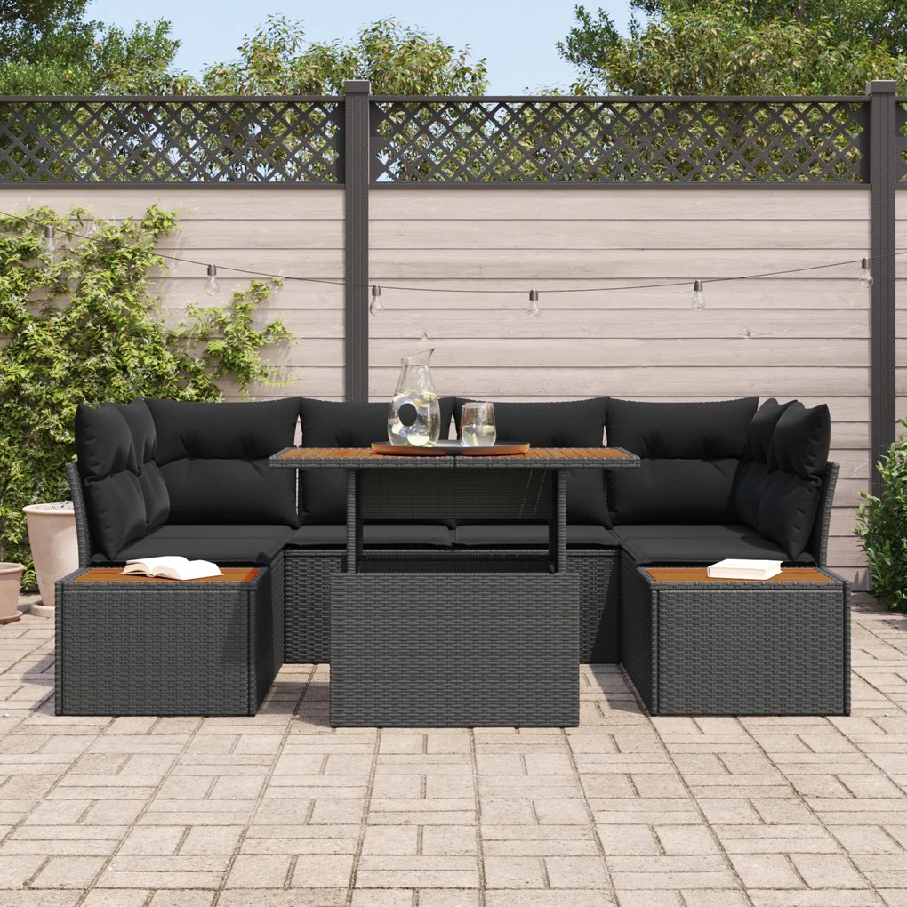 Conjunto de Jantar para Jardim de 7 Peças com Almofadas Preto Vime Acá