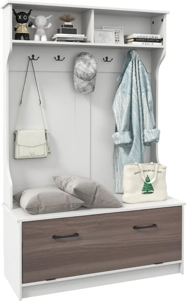 Cabide para entrada com sapateira 100 x 40 x 160 cm, armário de entrada com banco, 2 compartimentos abertos, branco