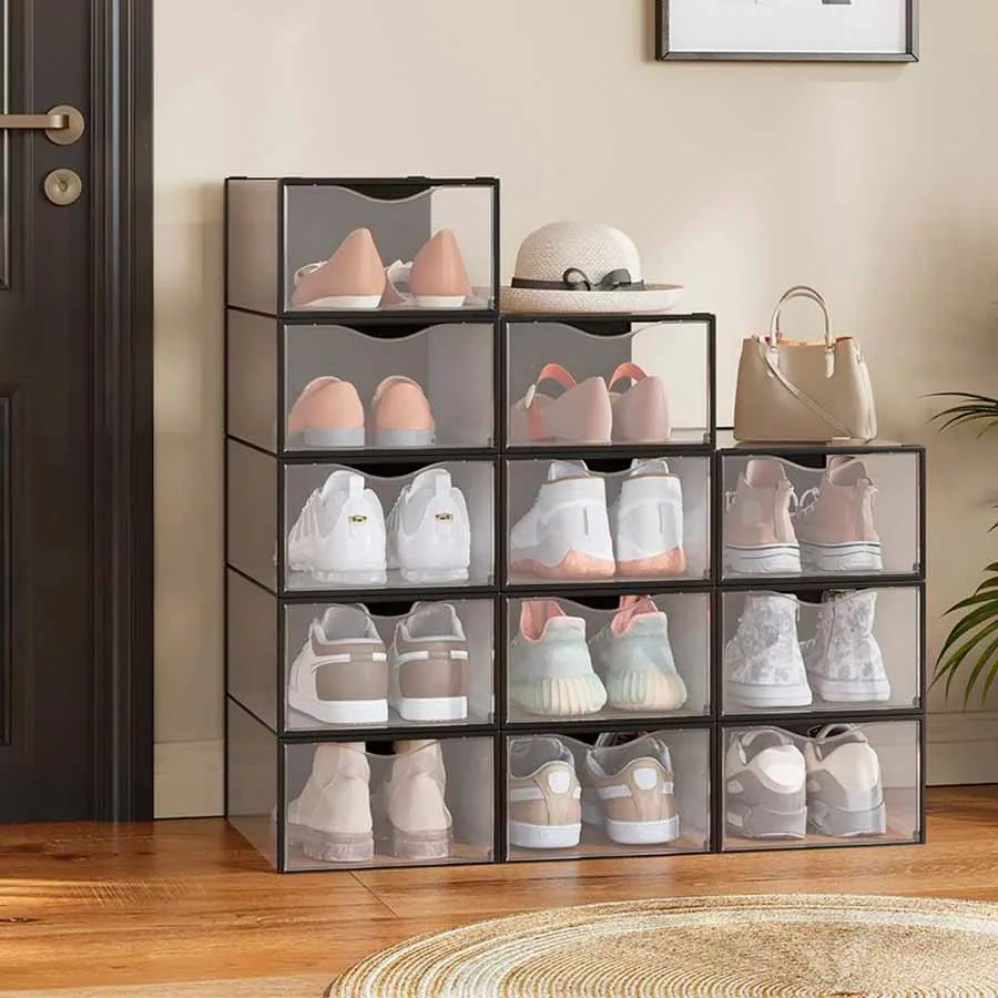 Conjunto de 12 caixas de plástico para sapatos até tamanho 43 transparente-preto