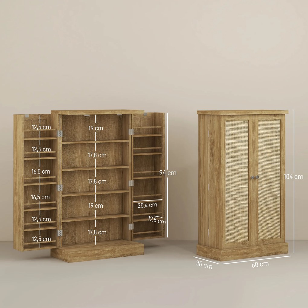 Armário de Cozinha Armário Despensa Cozinha com 2 Portas de Vime e 16 Prateleiras 60x30x104 cm Madeira