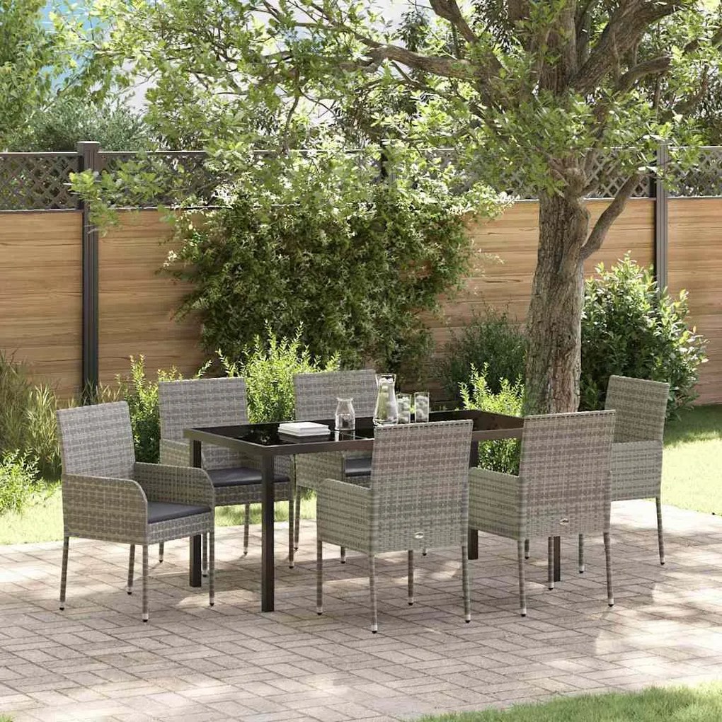 vidaXL Conjunto de Jantar de Jardim com 7 Peças e Almofadas Cinza em Rattan Sintético