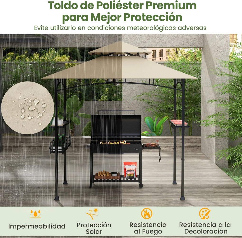Tenda 242 x 153 cm com 2 estantes laterais, cesto, ganchos e abridor de garrafas; Estrutura metálica para jardim ou pátio, cor bege