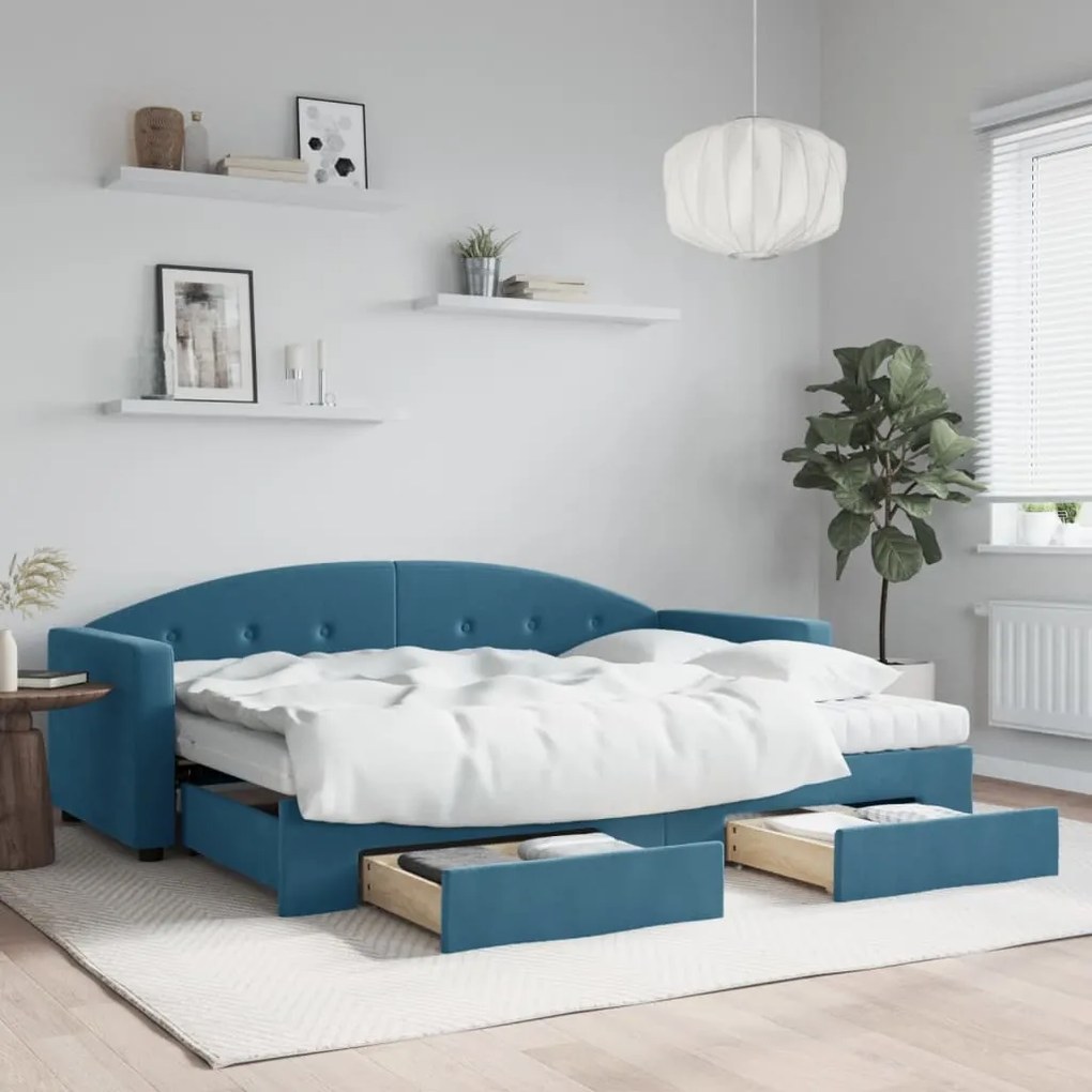 Sofá-cama com gavetão e gavetas 80x200 cm veludo azul