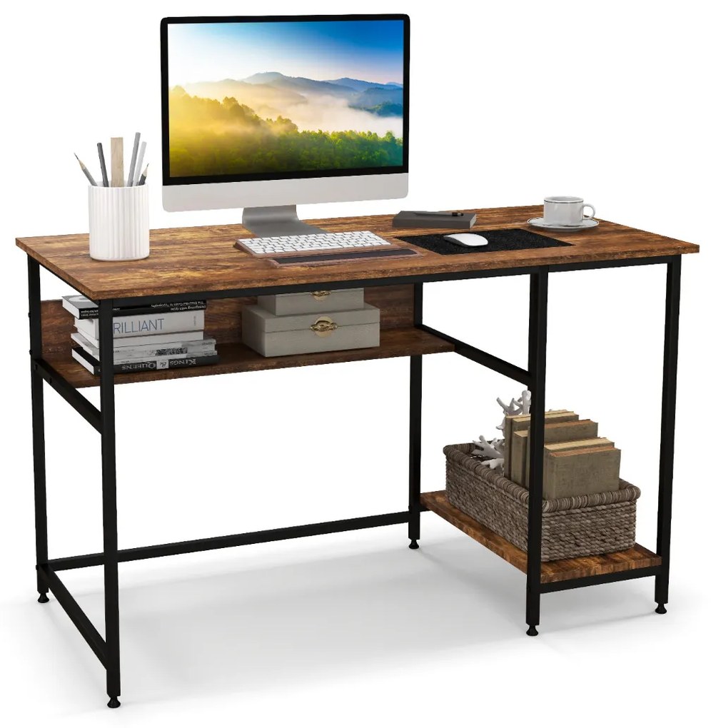Secretária para computador com prateleira aberta e suporte para CPU Mesa de trabalho para PC com estrutura de metal para Casa Escritório 120 x 60 x 75 cm Castanho