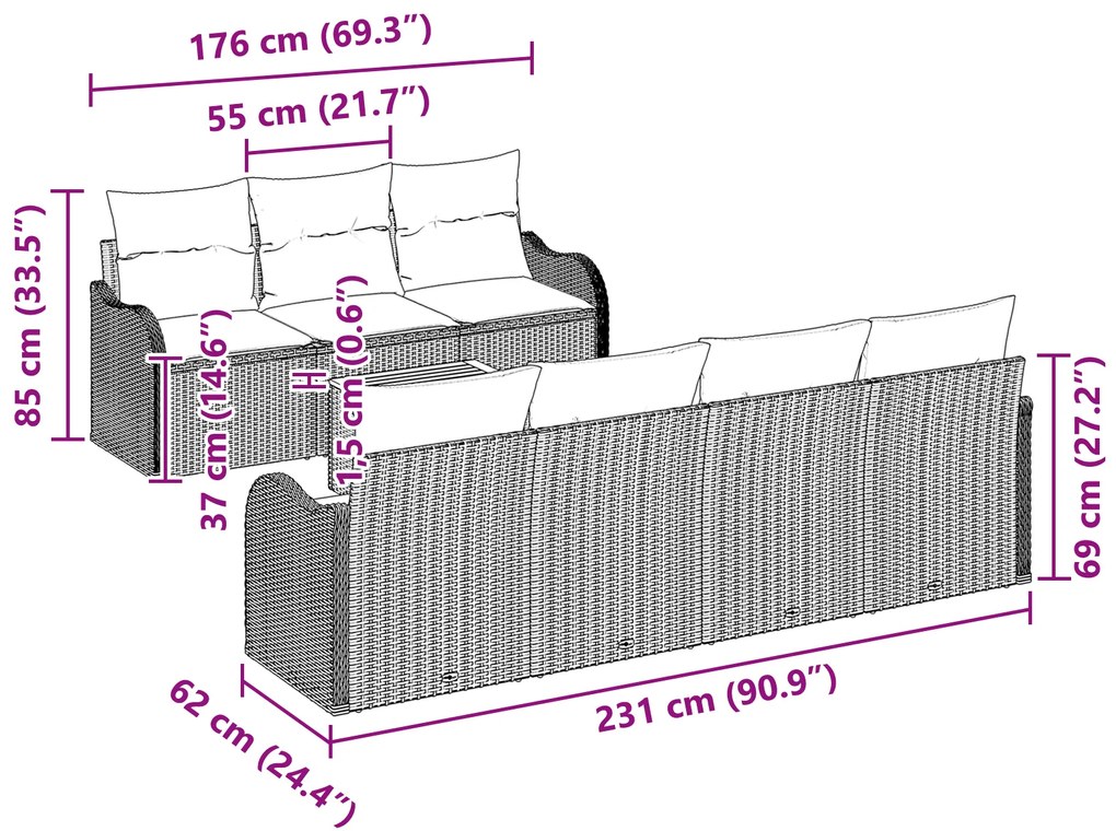 Conjunto de Sofá de Jardim vidaXL com Almofadas Preto Rattan Poliéster