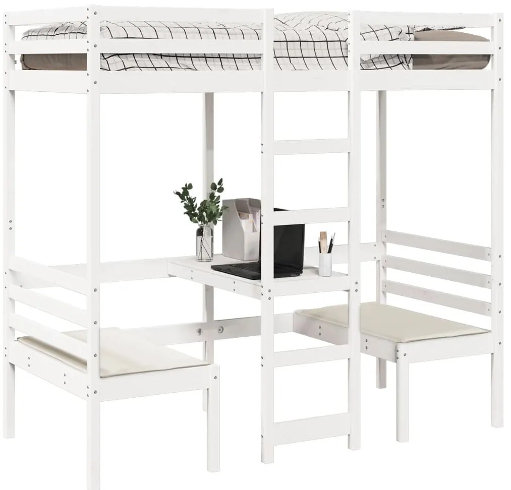 Cama alta c/ secretária/cadeiras 90x190 cm pinho maciço branco