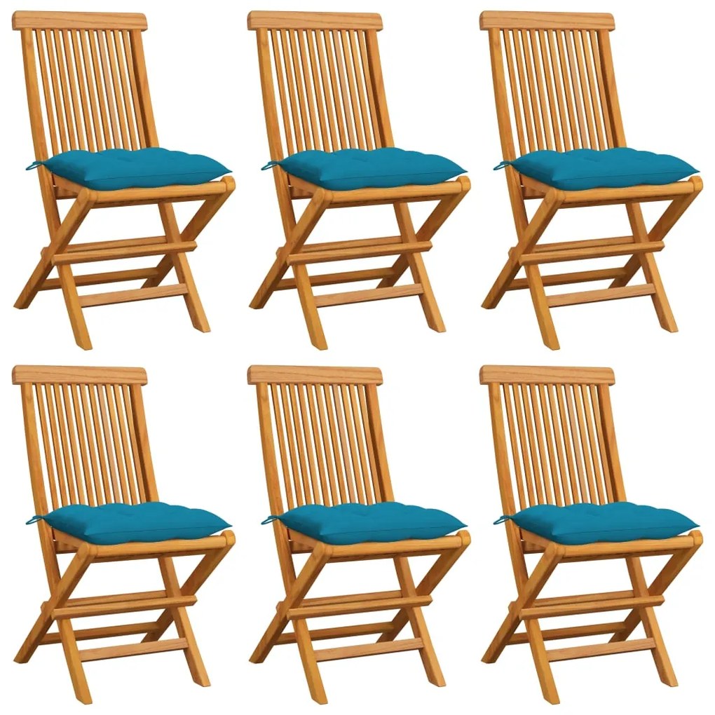vidaXL Cadeiras de jardim c/ almofadões azul-claro 6 pcs teca maciça