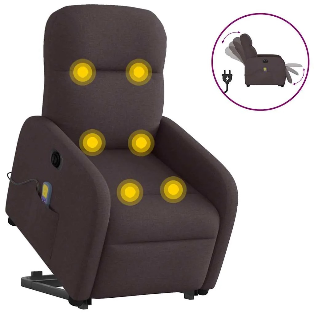 vidaXL Poltrona elétrica elevatória massagens tecido castanho-escuro