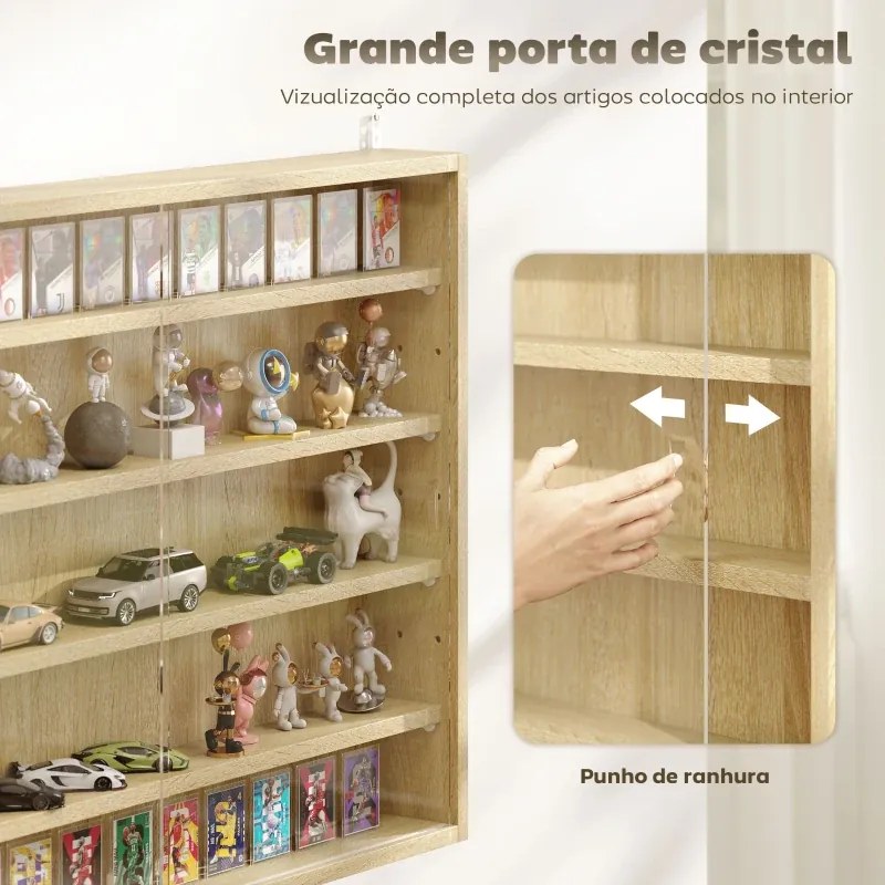 Vitrine de Parede de Madeira com Prateleiras Ajustáveis e 2 Portas Corredeiras de Vidro para Coleções 80x9,5x60 cm Carvalho