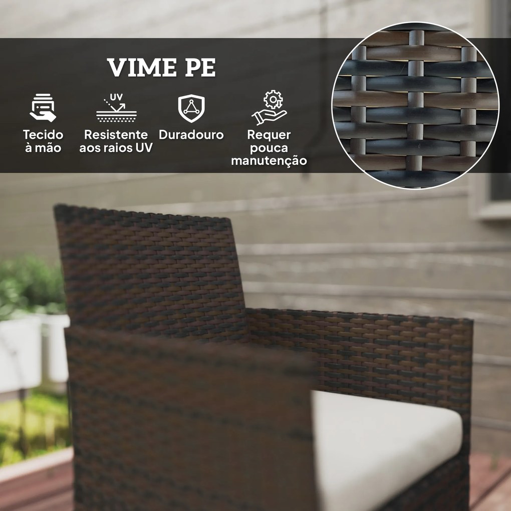 Conjunto de Jardim em Vime com Almofadas Móveis de Exterior com 2 Poltronas Sofá de 2 Lugares Mesa com Vidro Castanho e Bege