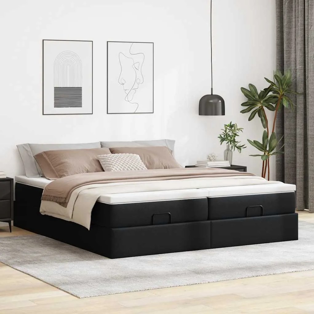 Estrutura de cama otomana com colchões pele artificial preta