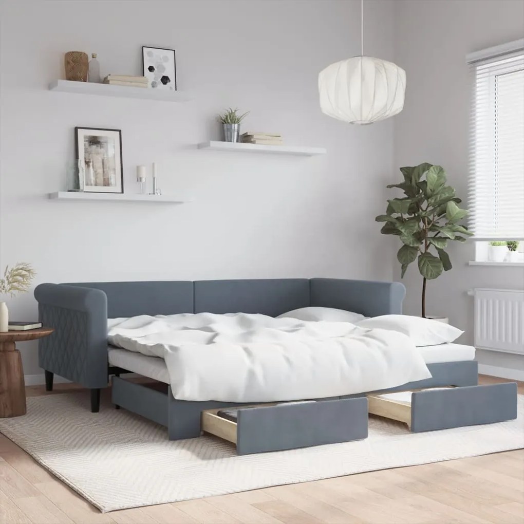 vidaXL Sofá-cama c/ gavetão e gavetas 90x190 cm veludo cinzento-escuro