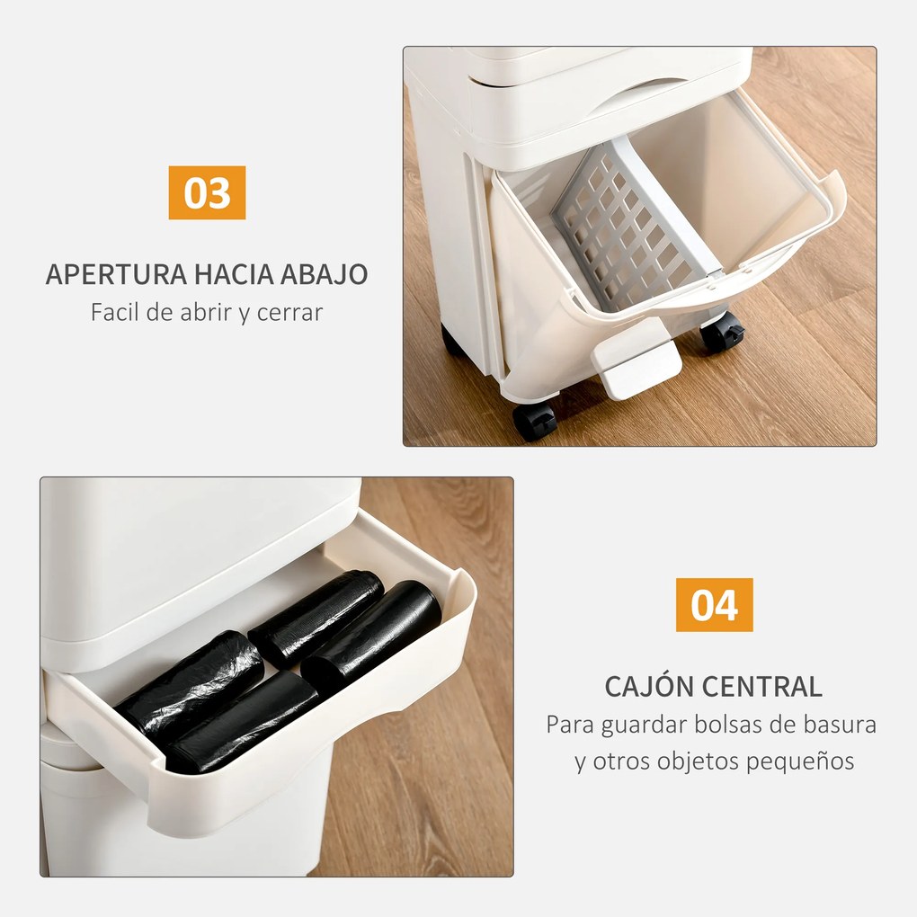 HOMCOM Caixotes de Lixo e Reciclagem 45L Caixote Móvel com Rodas 4 Compartimentos Gaveta Abertura e Fechamento com Botão e Pedal 42x29x83cm Branco