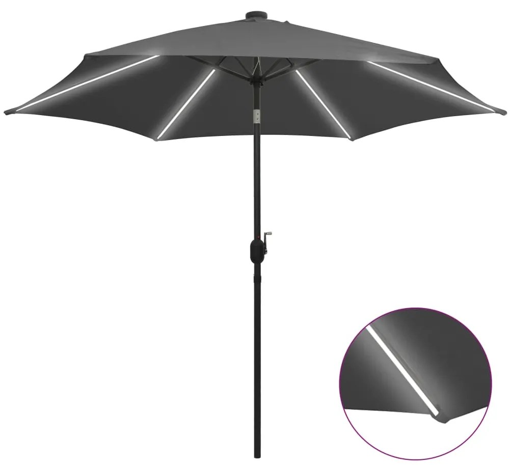 vidaXL Guarda-sol jardim c/ luzes LED/poste alumínio 300 cm antracite