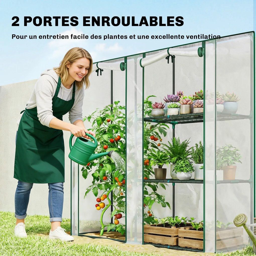 Estufa de jardim com prateleiras de 3 níveis 143 L x 45 P x 151 A cm, pequena estufa em lona de PVC e estrutura de aço, 2 portas de rodas, transparent