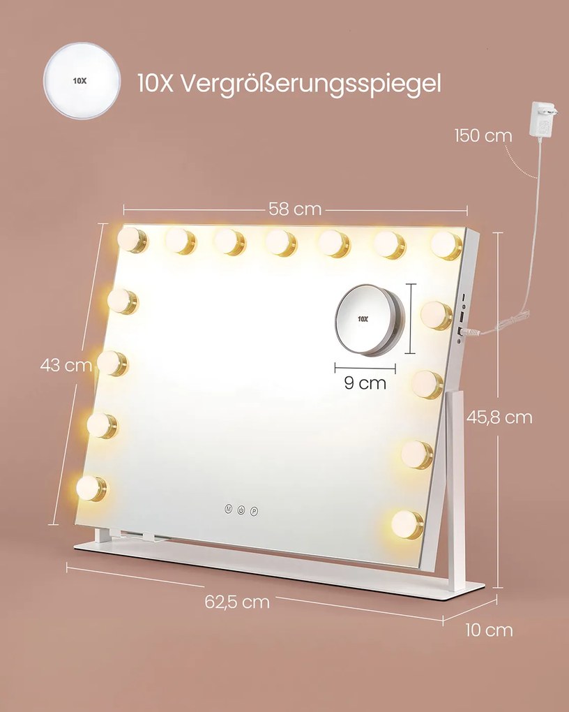 Espelho de maquilhagem com iluminação e ligações para carregamento 10 x 62,5 x 45,8 cm, branco mate
