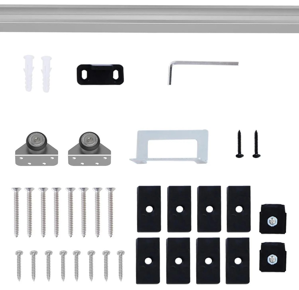 HOMCOM Ferragem para Porta Corredeira 186cm Kit de Acessórios para Porta Corredeira de Madeira com Trilho de Metal e 2 Roldanas Prata