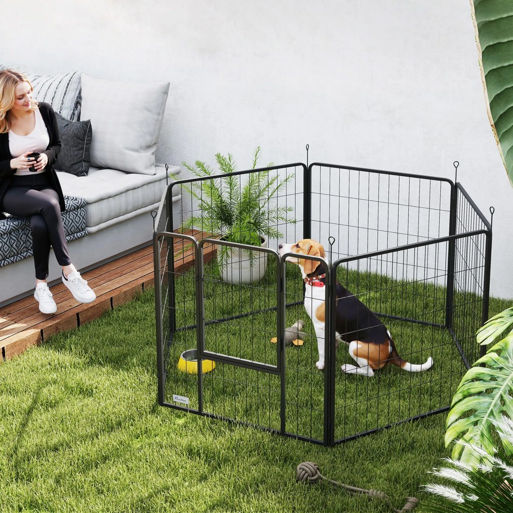 Parque para cães, recinto para cães com 6 painéis modulares e dobráveis, portátil em aço com porta 80 x 80 cinzenta
