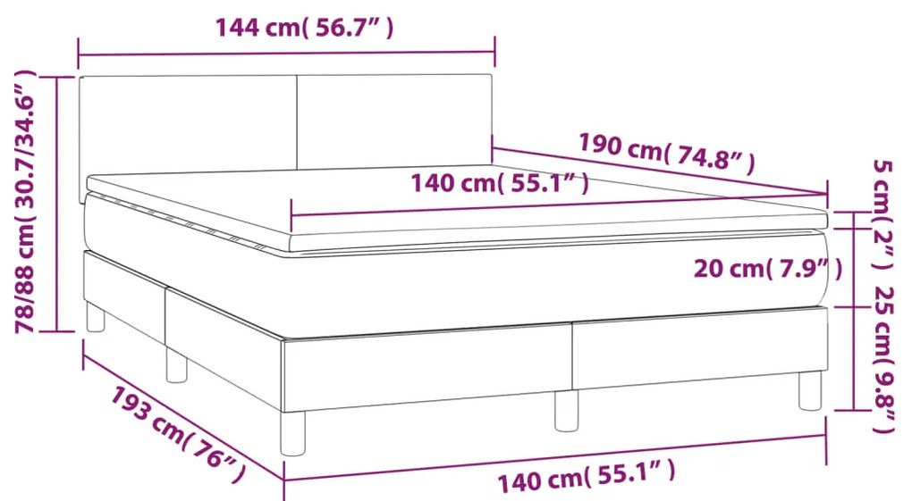 Cama box spring c/ colchão e LED 140x190 cm tecido cor creme