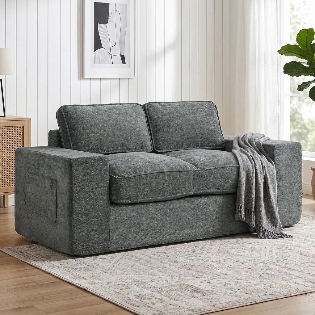 Sofá pequeno de 2 lugares em chenille, sofá de sala de 156,5 x 87,5 x 78 cm, assento e braços largos estofados, 2 almofadas, cinzento