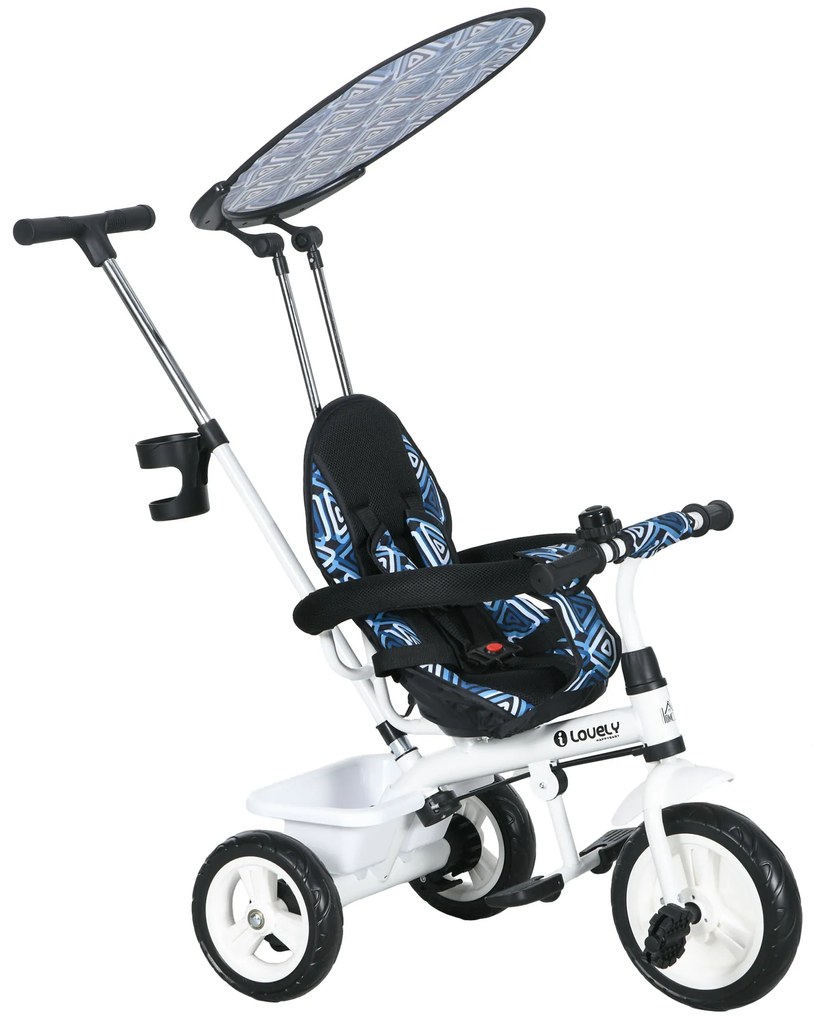 Triciclo para Bebés 2 em 1 Triciclo Evolutivo para Crianças com Toldo Dobrável e Guiador Telescópico 105x47x98 cm Branco
