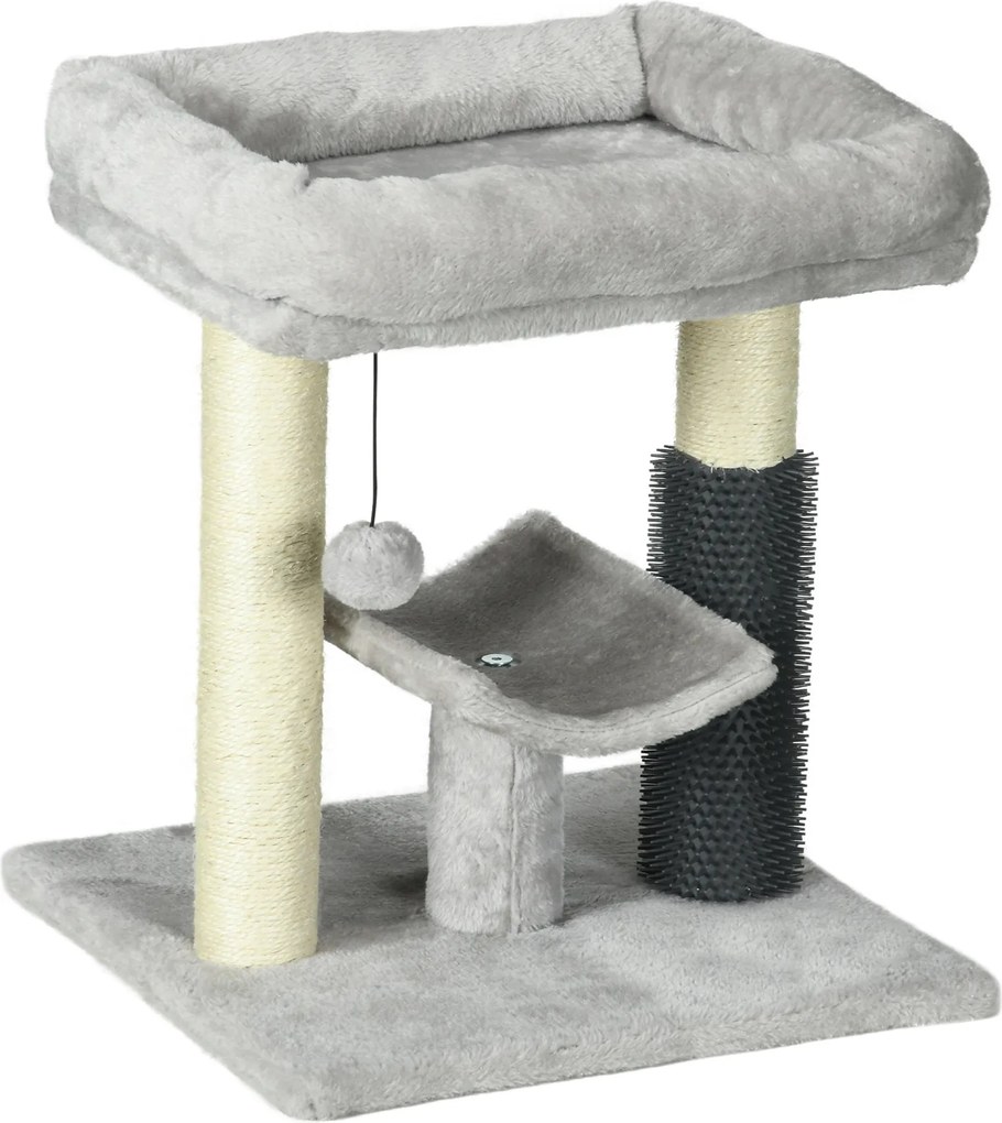 PawHut Arranhador para Gatos com 2 Postes de Arranhar Cama Plataforma em U e Escova Bola Suspensa 40x40x48 cm Cinza | Aosom Portugal