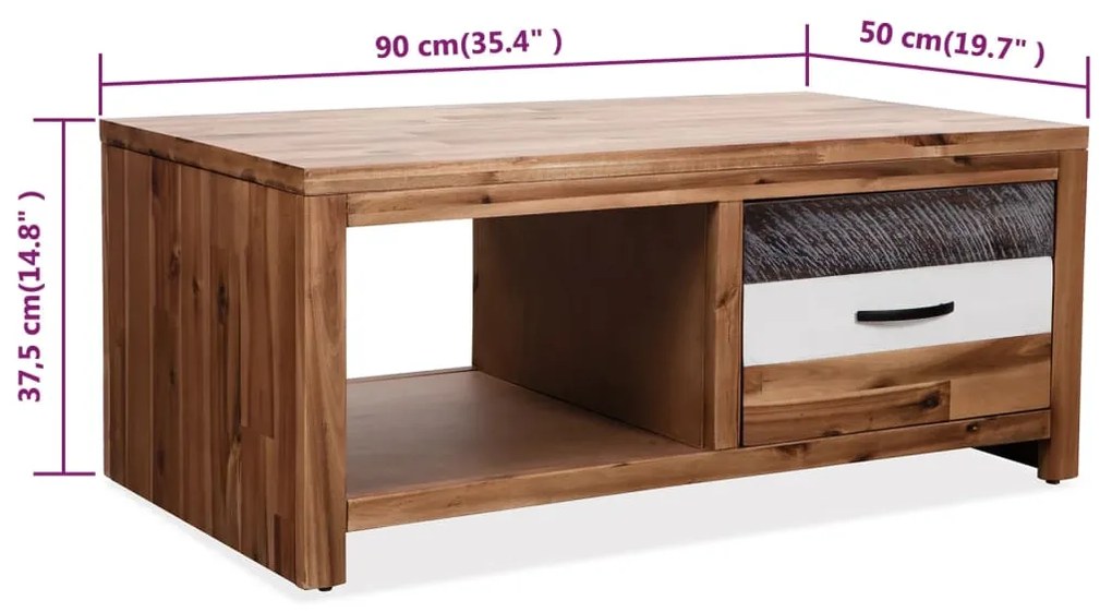 Mesa de centro em madeira de acácia maciça 90x50x37,5 cm