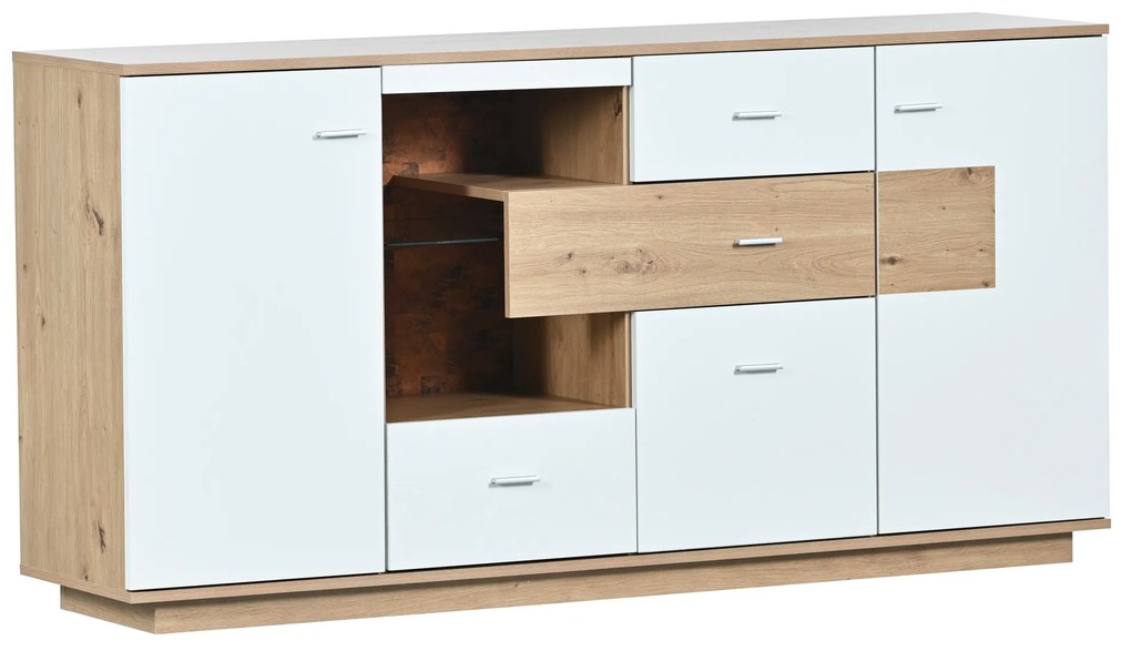 Aparador moderno com amplo espaço de armazenamento, iluminação LED, 2 portas, 4 gavetas, prateleira de vidro,160x40x77cm, Cor natural