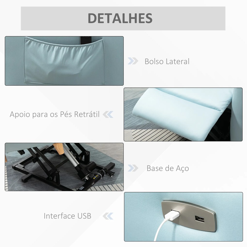 HOMCOM Poltrona Relax Reclinável Poltrona Levanta Pessoas Estofada em Microfibra com Reclinação 143° USB Apoio para a Cabeça Ajustável Apoio para os Pés e Bolso Lateral Carga Máxima 150kg 81x91x103 cm Azul