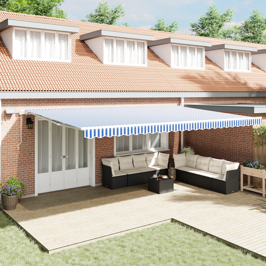 vidaXL Toldo Retrátil with Manual Azul e branco 6 x 3 m Tecido e metal