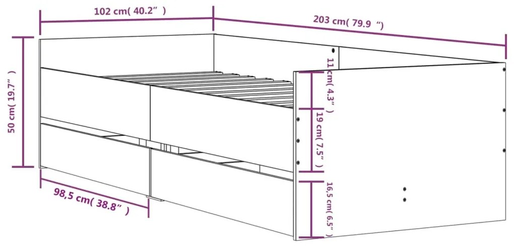 Estrutura de cama com gavetas 100x200 cm carvalho sonoma