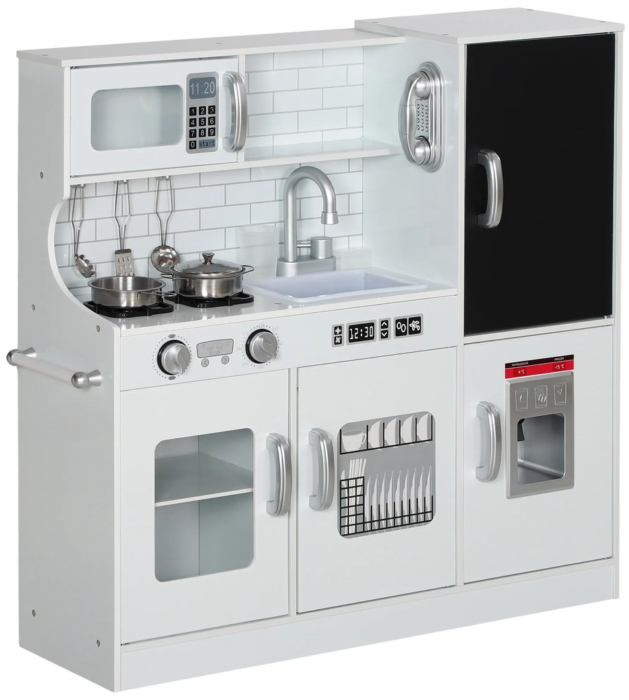 AIYAPLAY Cozinha de Brincar para Crianças Cozinha Infantil de Madeira com Acessórios Máquina de Gelo e Ardósia 83,8x26,8x81 cm Branco | Aosom Portugal
