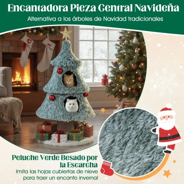 Arranhador em forma Árvore de Natal para gatos de interior 59 x 59 x 123 cm com 2 cavernas e Bolas pendentes verde