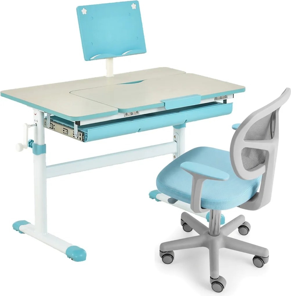 Conjunto 2 em 1 de secretária e cadeira para crianças Secretária ajustável em altura e ângulo com cadeira ergonómica giratória Azul