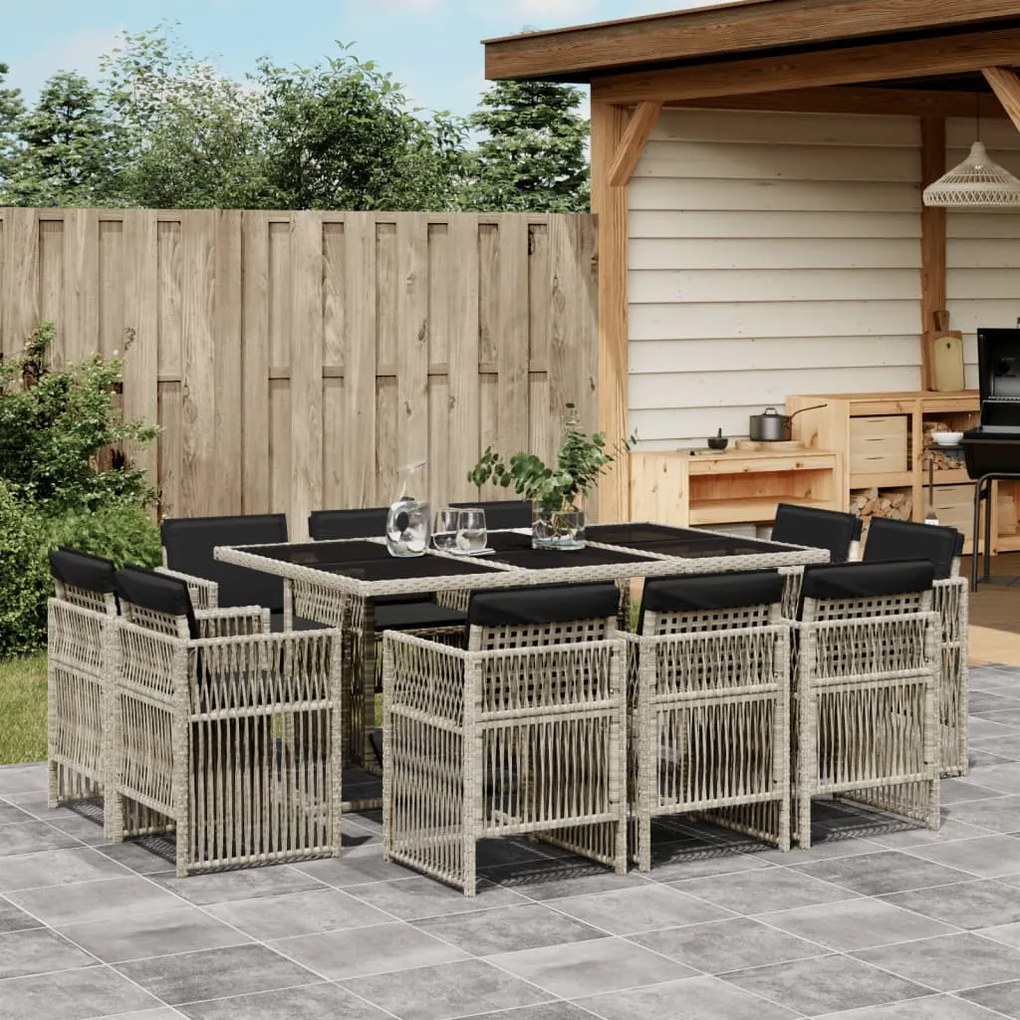 vidaXL 11 pcs conjunto jantar p/ jardim c/ almofadões vime PE cinzento