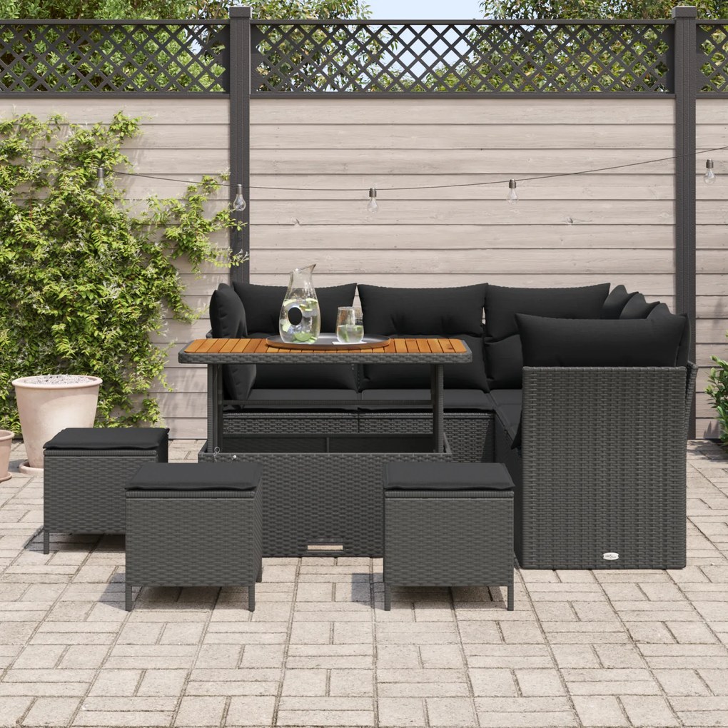 Conjunto de Sofá de Jardim de 9 Peças com Almofadas Preto Rattan Polié