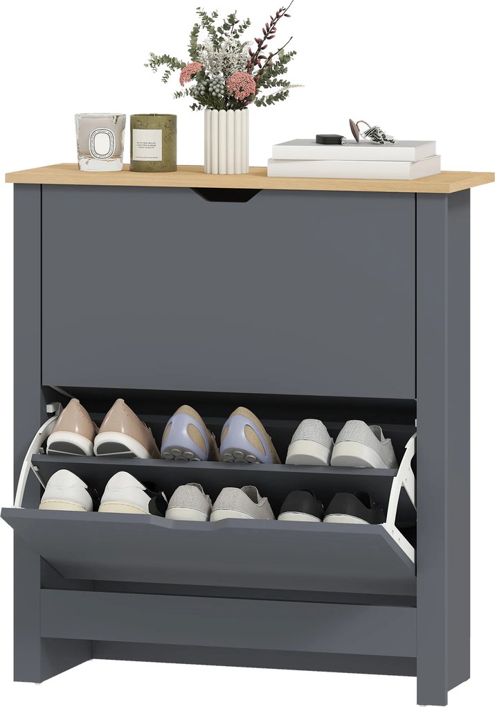 Sapateira com capacidade para 12 pares 72 x 26 x 80 cm, armário estreito com 2 gavetas rebatíveis e prateleiras ajustáveis, cinzento escuro
