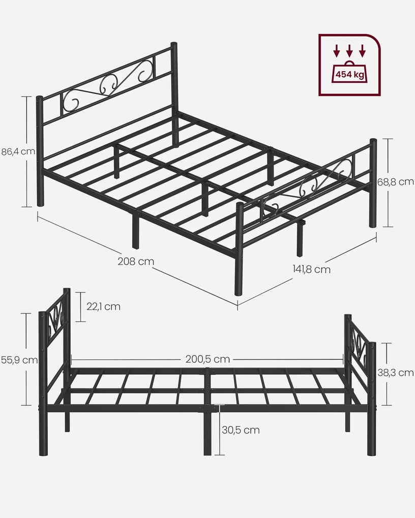 Cama metálica 140 x 200 cm Preto