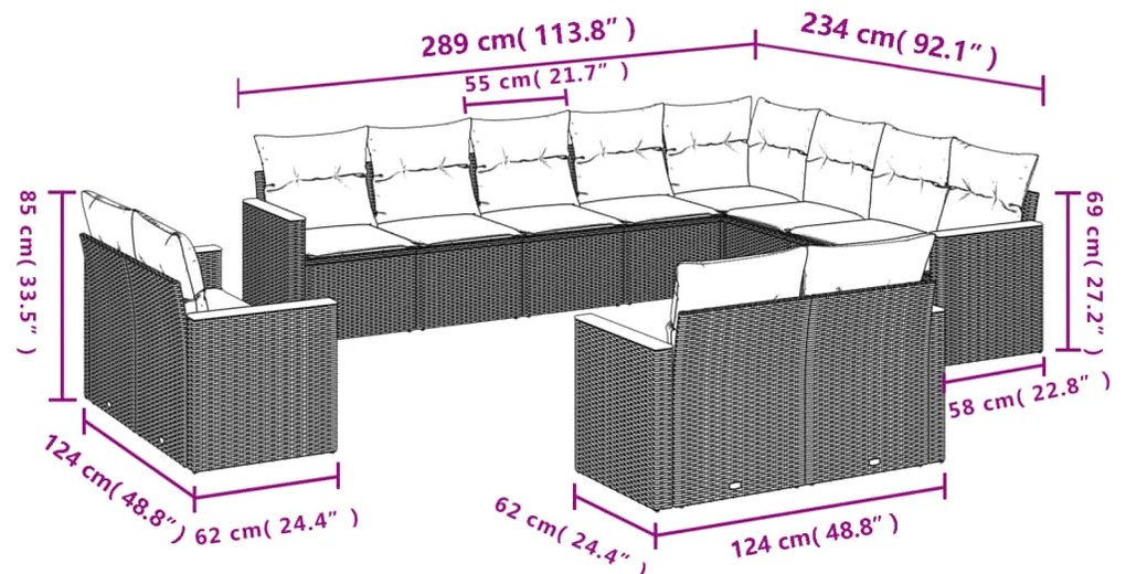 12 pcs conjunto de sofás jardim c/ almofadões vime PE cinzento